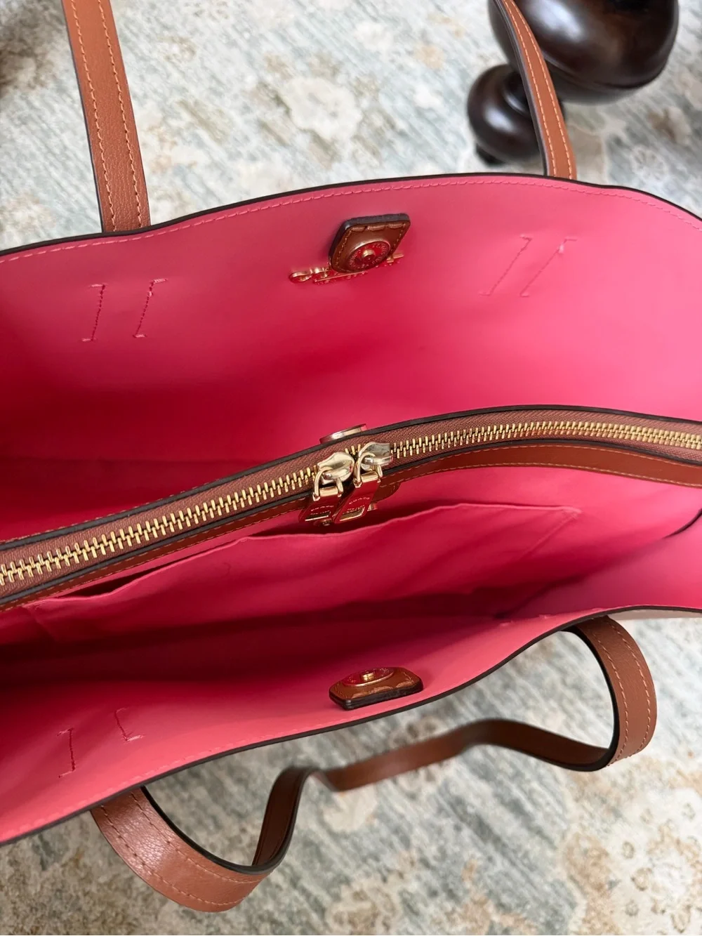 Coach Leather Tote in Saddle Brown with Pink Interior